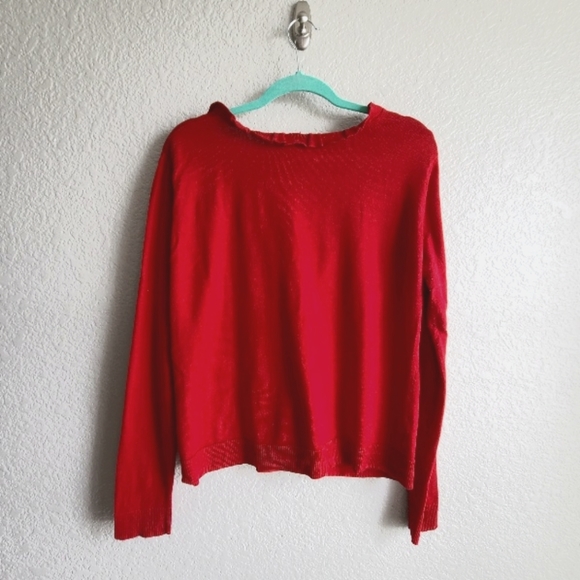 New York & Company red knit cardigan w/ ruffle, size large w/ buttons - Picture 2 of 7